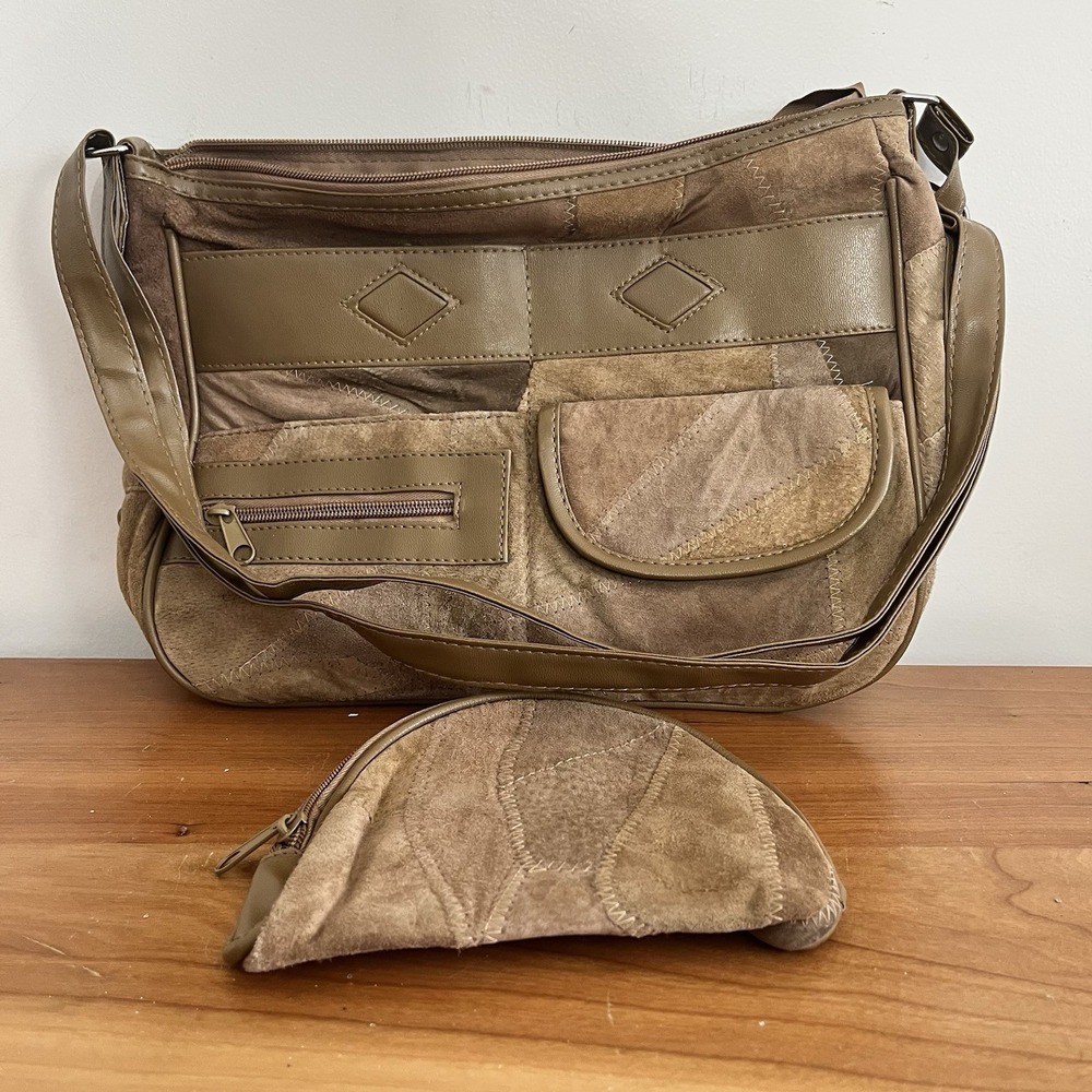 Patchwork Soft Leather & Suede Handbag Purse Shoulder Bag & Coin Purse Tan Brown